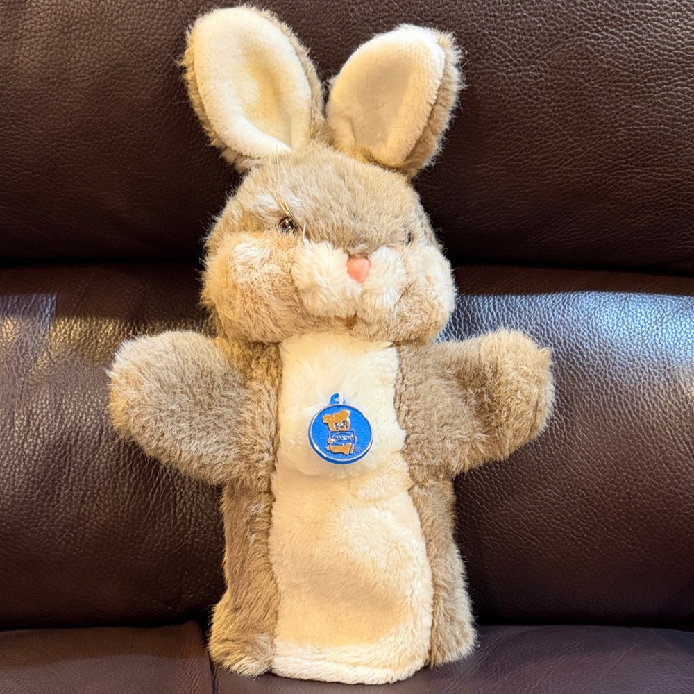 Damon  Bunny Oatmeal Brown and White Bunny Puppet